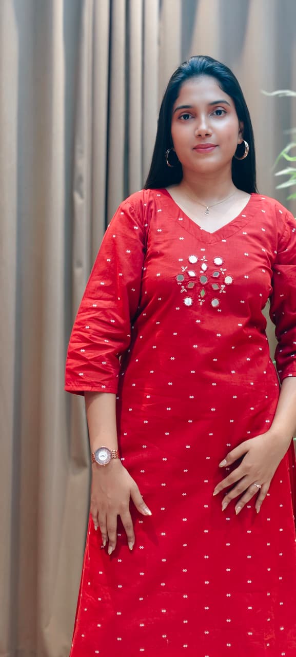 Real Mirror Thread Intricate Embroidery Upwork Matching Kurta Pant Set In Cotton Fabric