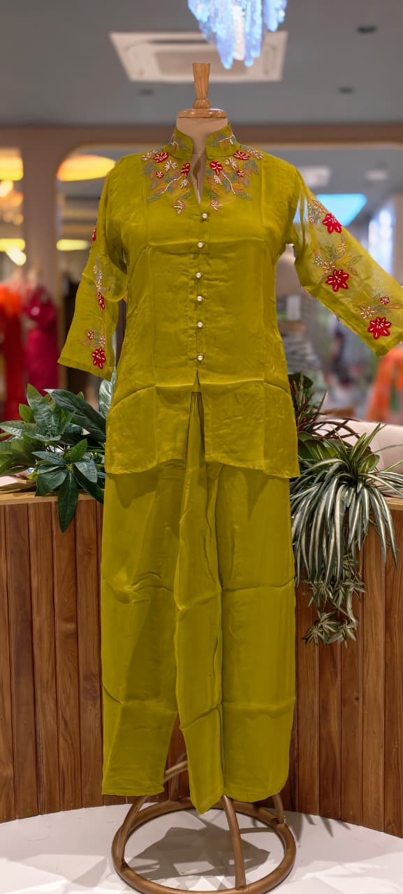 Pure Organza Co-Ord Set With Thread Embroidery & Tiny Pearl Cut-Dana Work- 13649