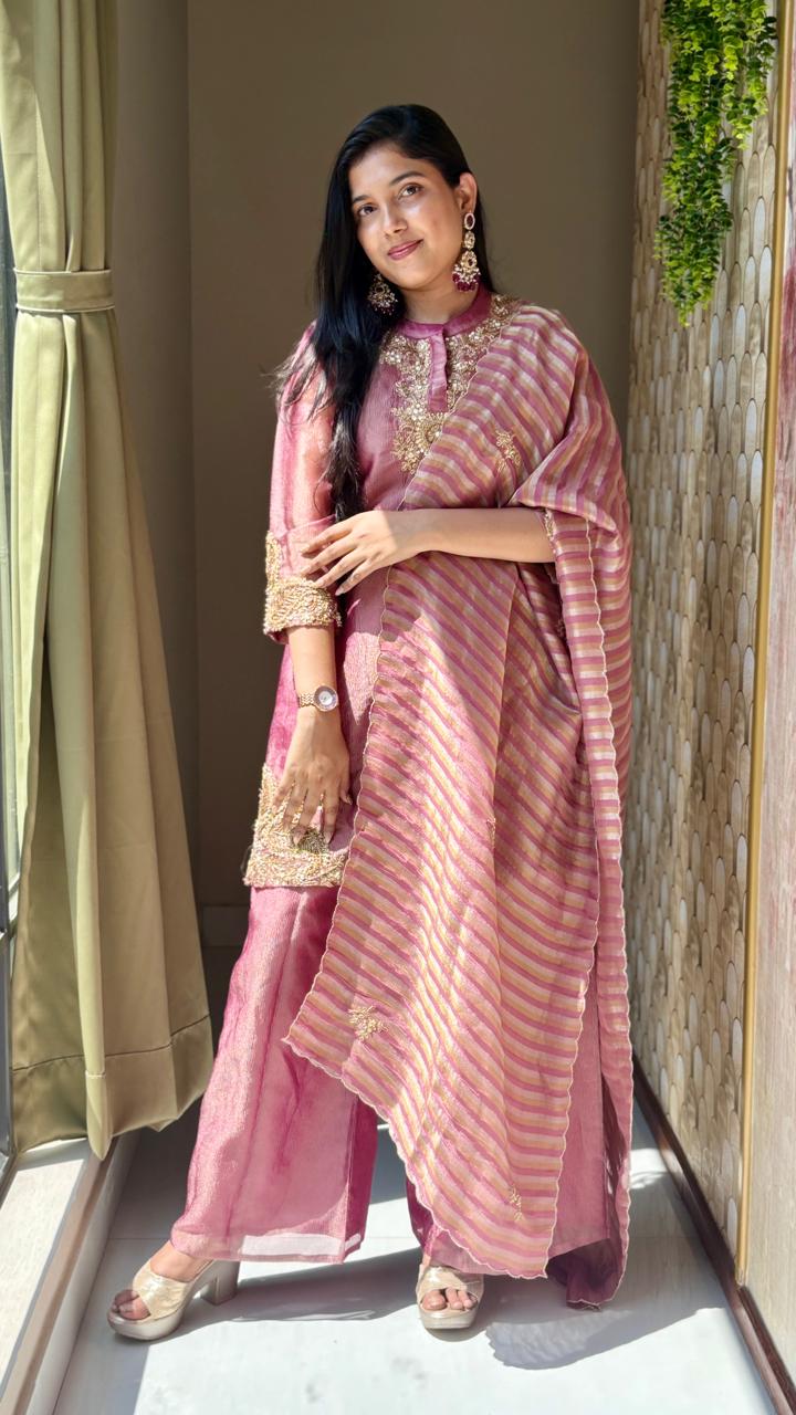 Very Elegant Zarina Golden Intricate Embroidery Tissue Full Suit Set With Striped Dupatta- 13307