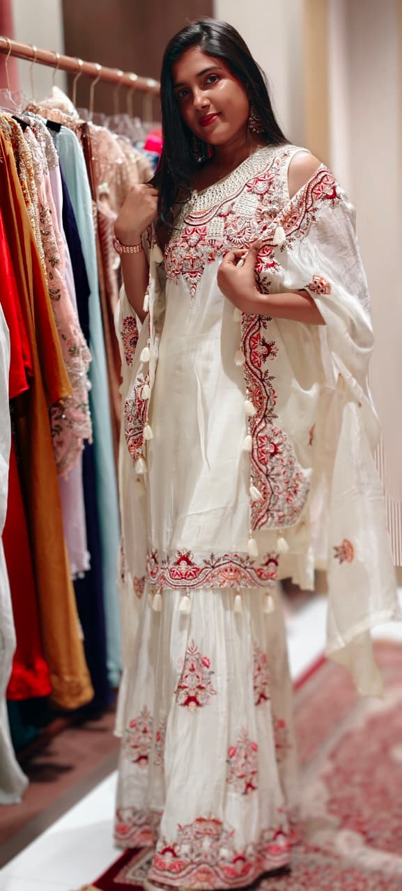 Floral Intricate Embroidery With Mirror Work Unique Sleeved Kurta, Palazzo Bottom With Shrug In Georgette Fabric- 13508
