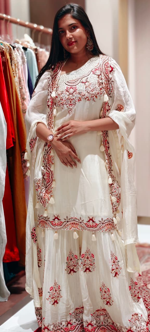 Floral Intricate Embroidery With Mirror Work Unique Sleeved Kurta, Palazzo Bottom With Shrug In Georgette Fabric- 13508