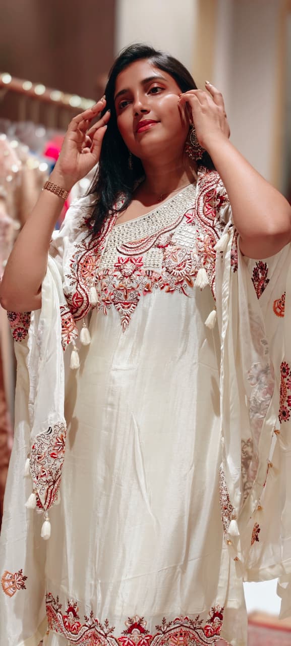 Floral Intricate Embroidery With Mirror Work Unique Sleeved Kurta, Palazzo Bottom With Shrug In Georgette Fabric- 13508