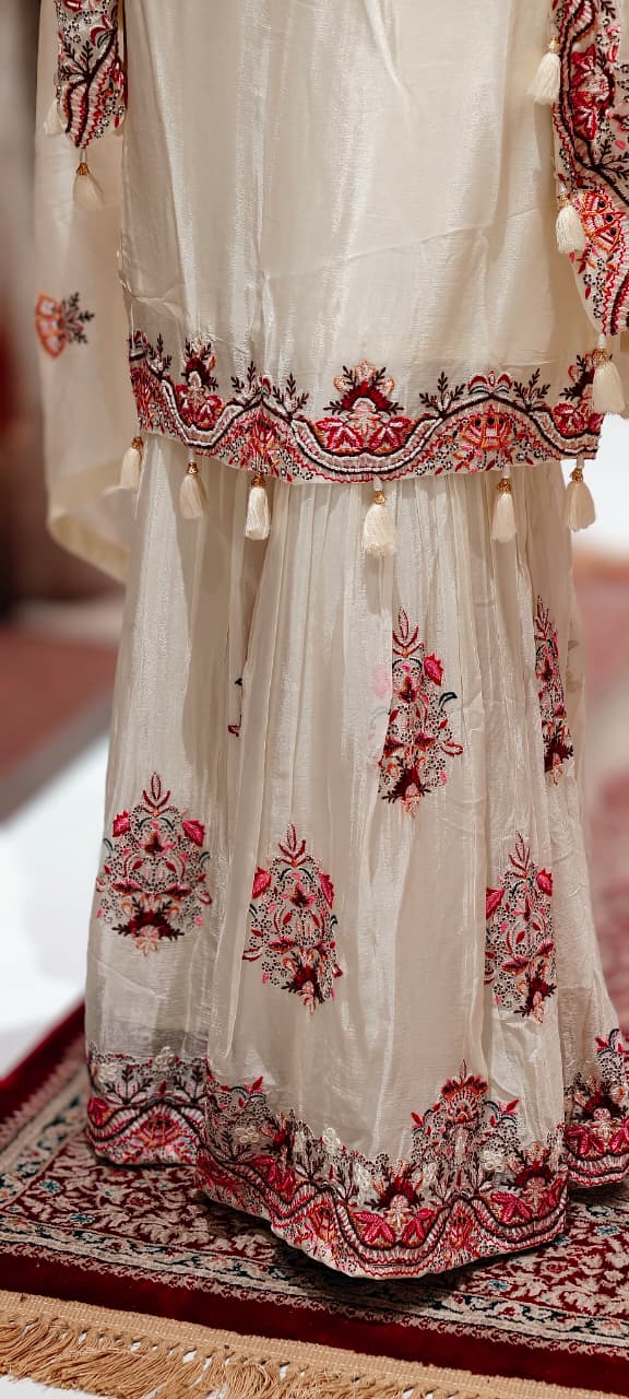 Floral Intricate Embroidery With Mirror Work Unique Sleeved Kurta, Palazzo Bottom With Shrug In Georgette Fabric- 13508