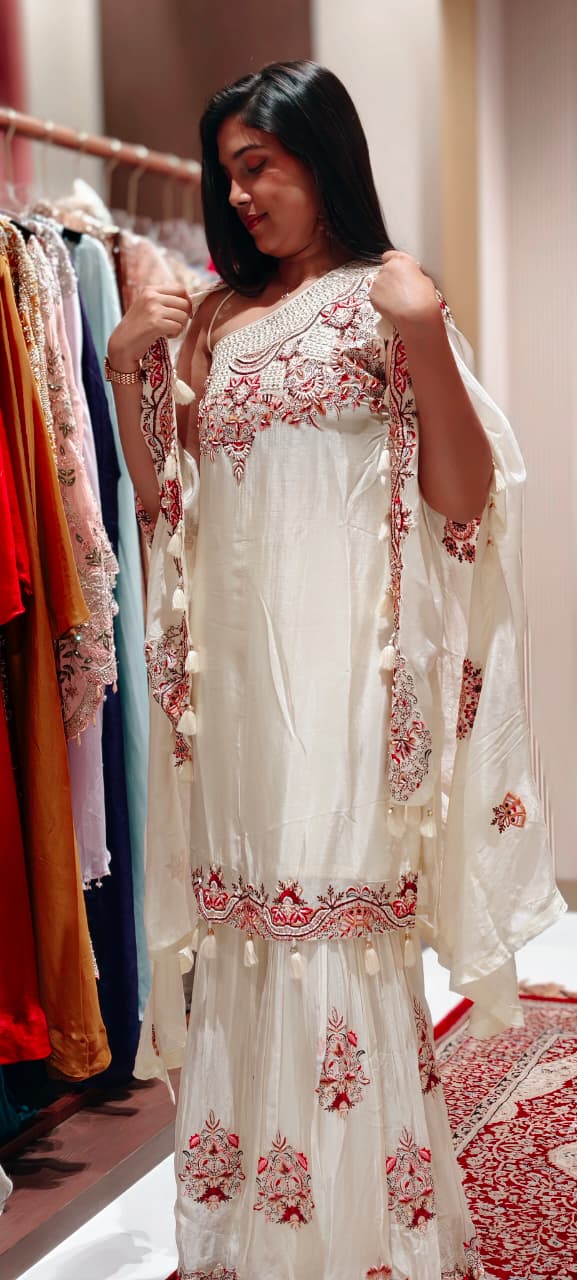 Floral Intricate Embroidery With Mirror Work Unique Sleeved Kurta, Palazzo Bottom With Shrug In Georgette Fabric- 13508