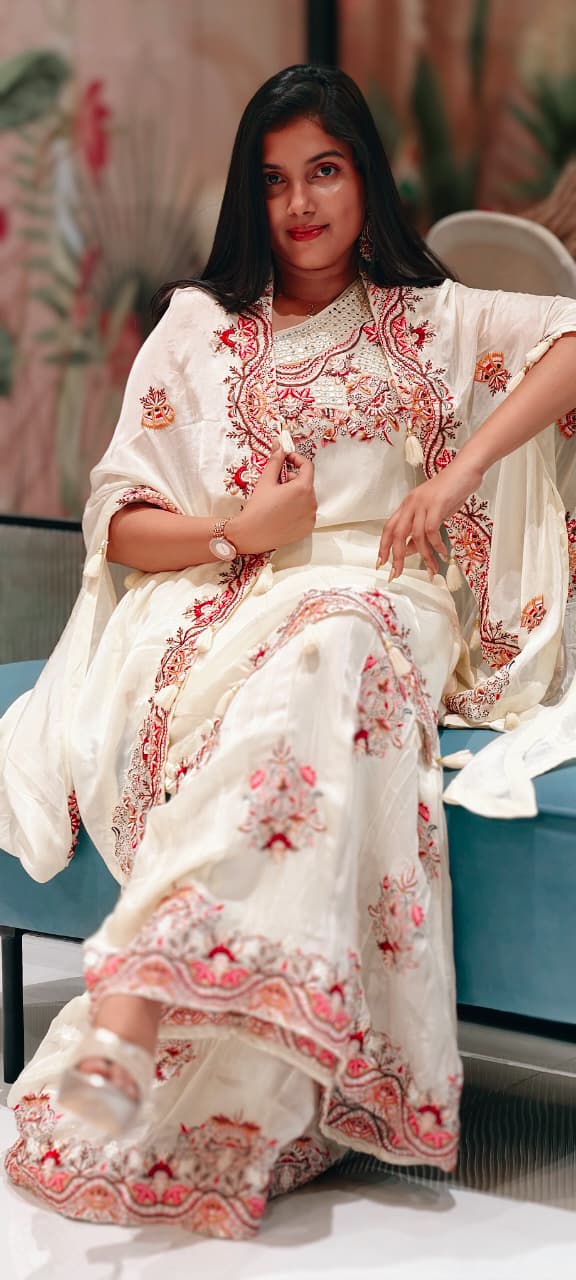 Floral Intricate Embroidery With Mirror Work Unique Sleeved Kurta, Palazzo Bottom With Shrug In Georgette Fabric- 13508