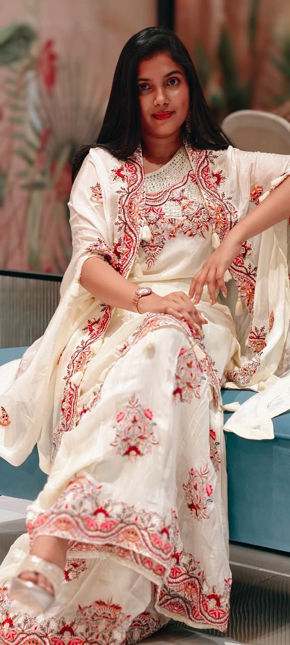 Floral Intricate Embroidery With Mirror Work Unique Sleeved Kurta, Palazzo Bottom With Shrug In Georgette Fabric- 13508