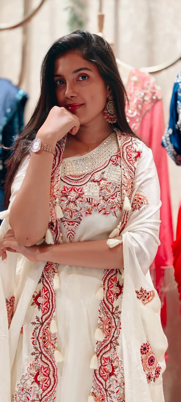 Floral Intricate Embroidery With Mirror Work Unique Sleeved Kurta, Palazzo Bottom With Shrug In Georgette Fabric- 13508