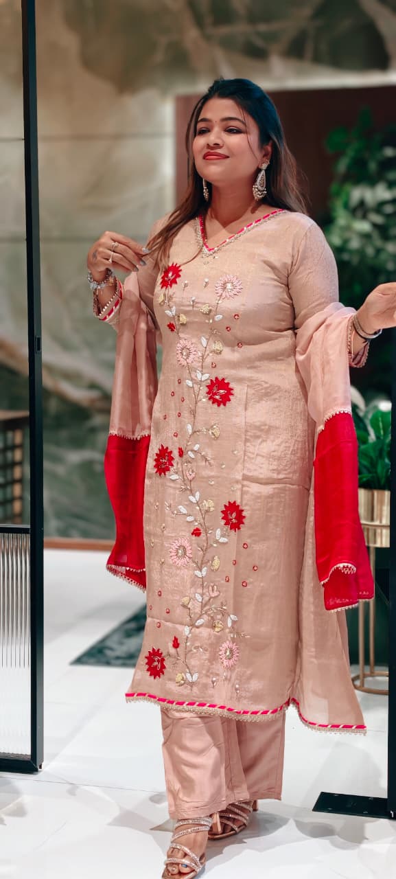 Dusty Rose Embroidered Tissue A-Line Full Suit Set With Floral Appliqué Work & Dupatta- 13650