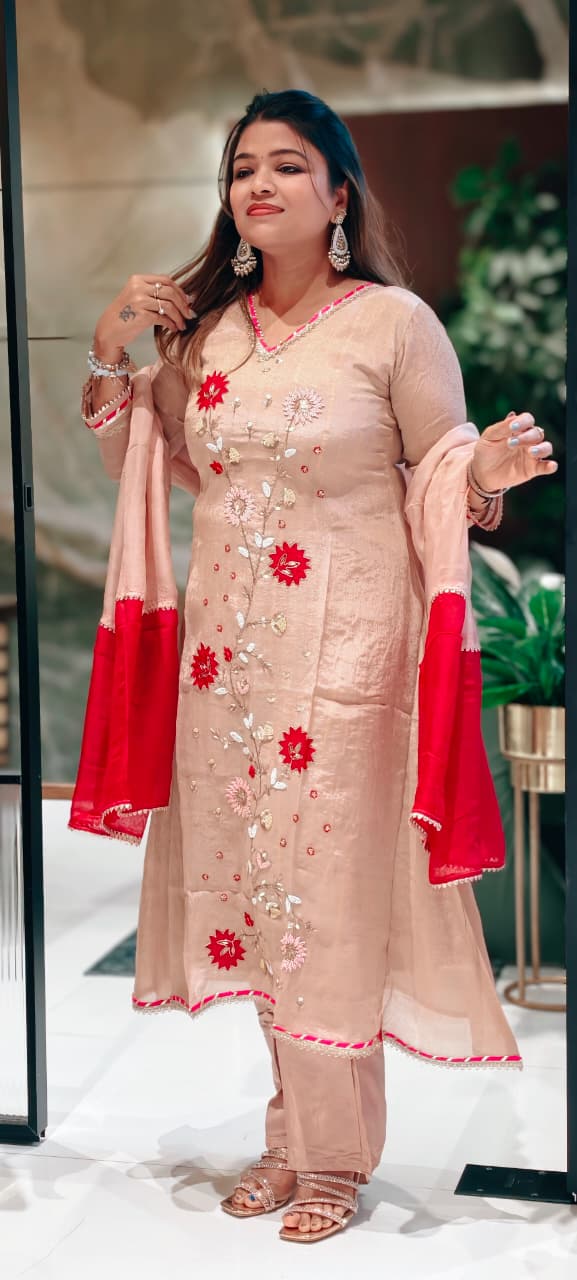 Dusty Rose Embroidered Tissue A-Line Full Suit Set With Floral Appliqué Work & Dupatta- 13650
