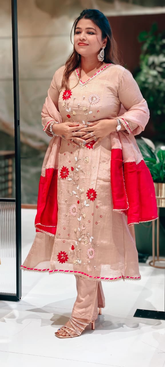 Dusty Rose Embroidered Tissue A-Line Full Suit Set With Floral Appliqué Work & Dupatta- 13650