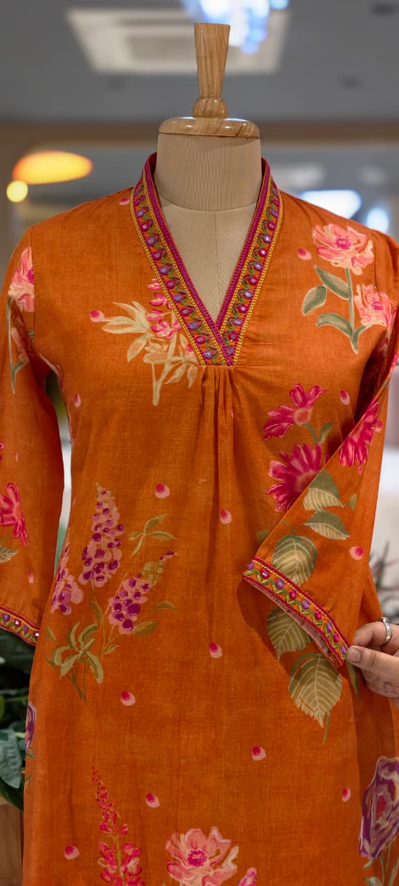 Meadow Garden Lush Botanical Print A-Line Kurta Pant Set In Cotton Fabric- 13644