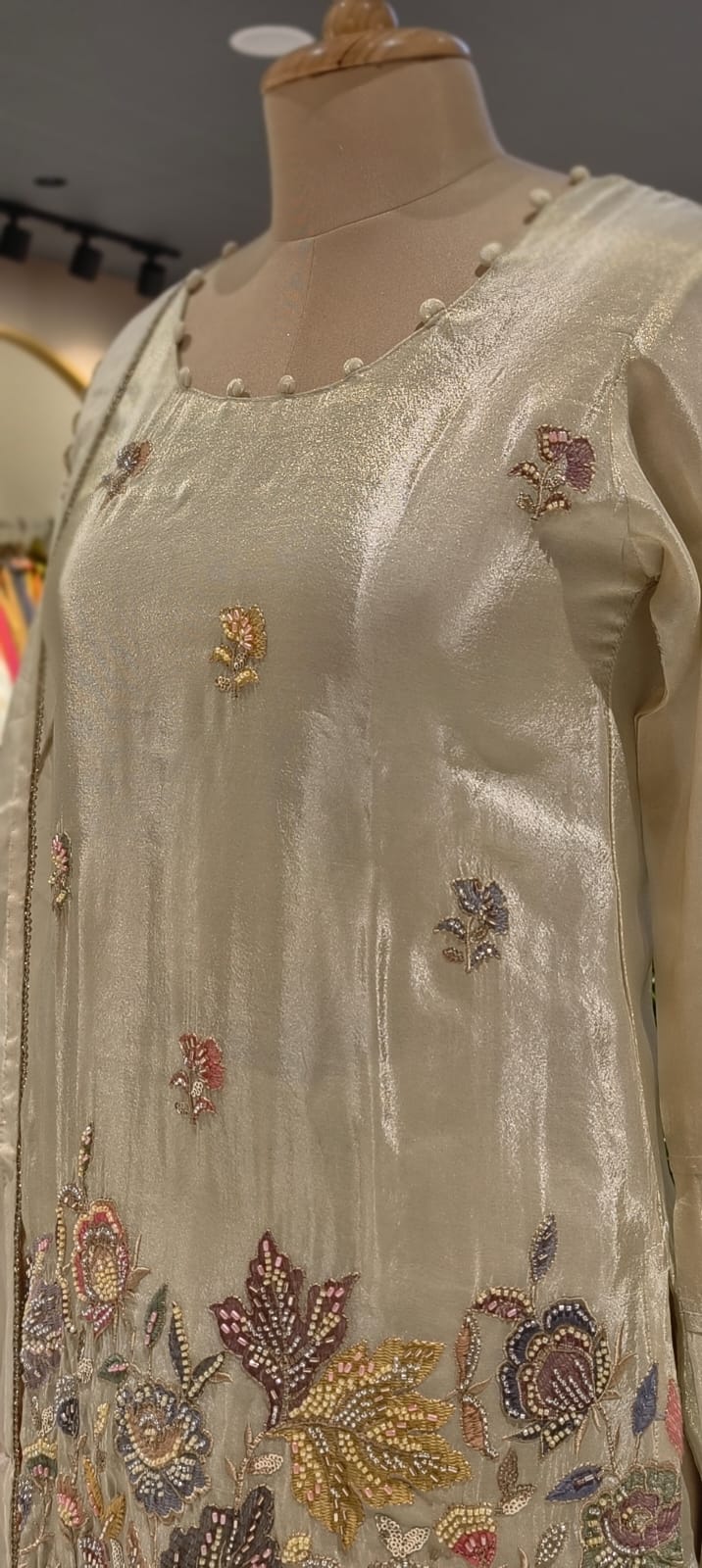 Ivory Embroidered Suttle Elegant Tissue Full Suit Set With Dupatta- 13546