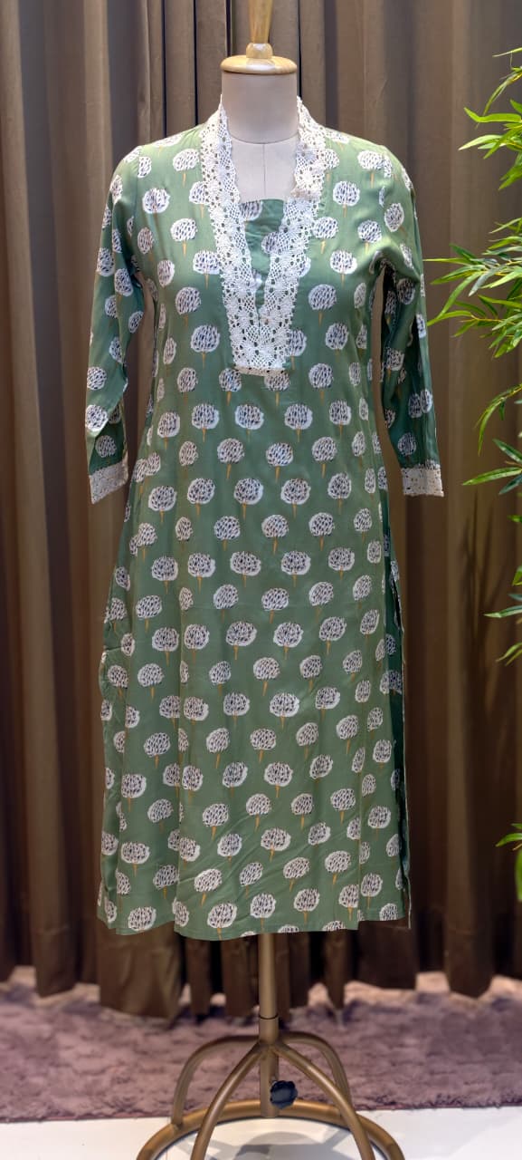 Cotton Kurti Earthy Trendy Printed Crosia Laced V-Neck Kurti Only -13683(Dispatching After 1 Week)