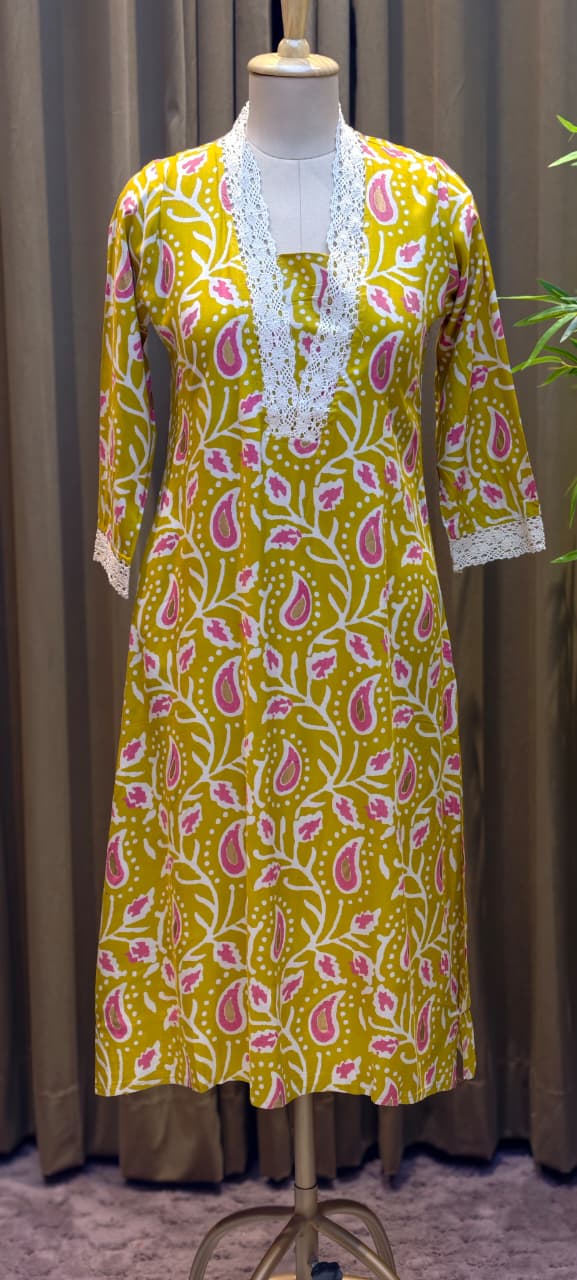 Mango Buti Leaf Printed V-Neck Cotton Laced A-Line Kurti Only-13683 (Dispatching After 1 Week)