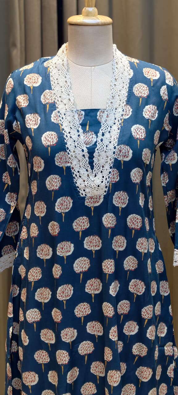 Cotton Kurti Earthy Trendy Printed Crosia Laced V-Neck Kurti Only -13683(Dispatching After 1 Week)