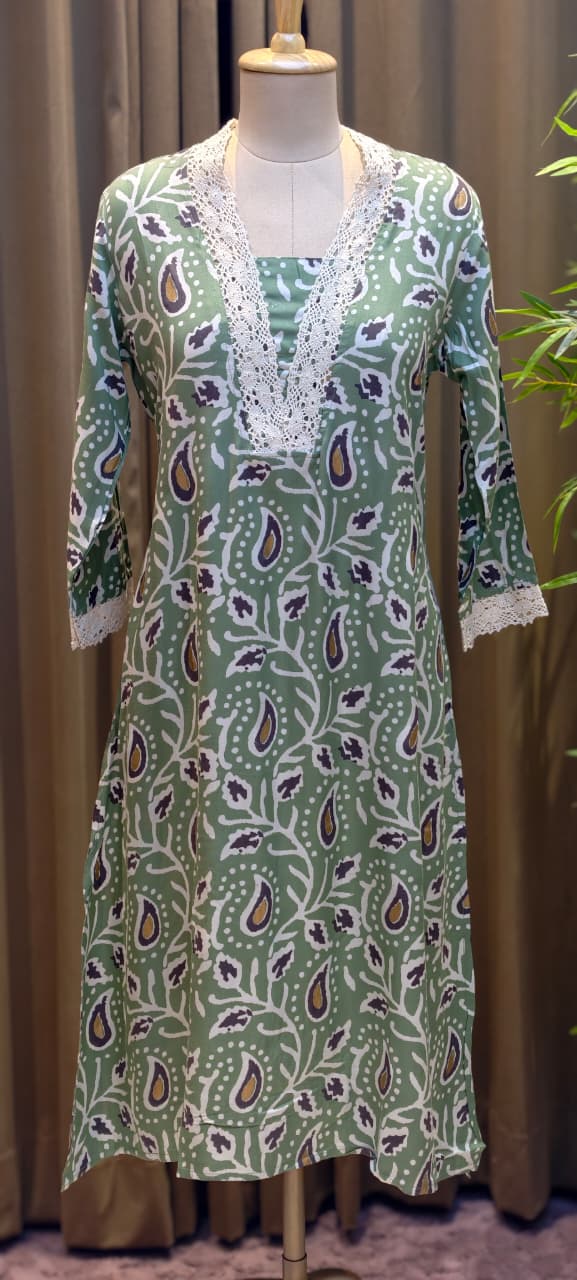 Mango Buti Leaf Printed V-Neck Cotton Laced A-Line Kurti Only-13683 (Dispatching After 1 Week)