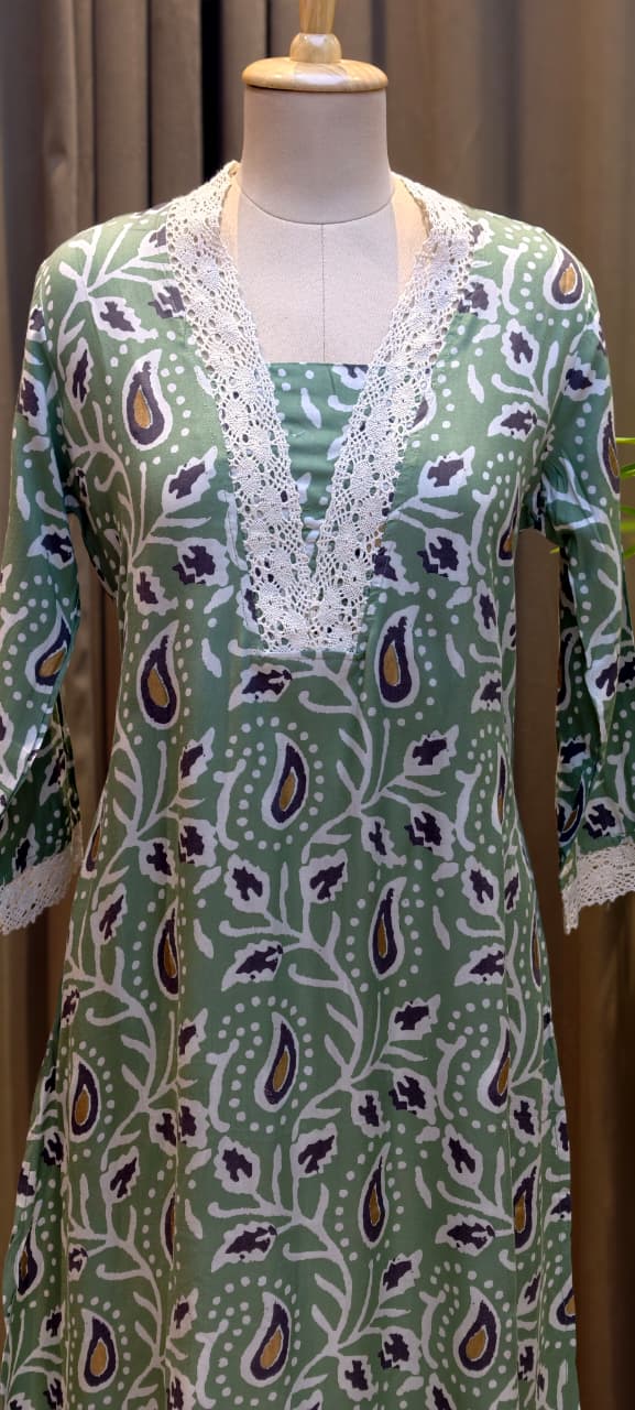 Mango Buti Leaf Printed V-Neck Cotton Laced A-Line Kurti Only-13683 (Dispatching After 1 Week)