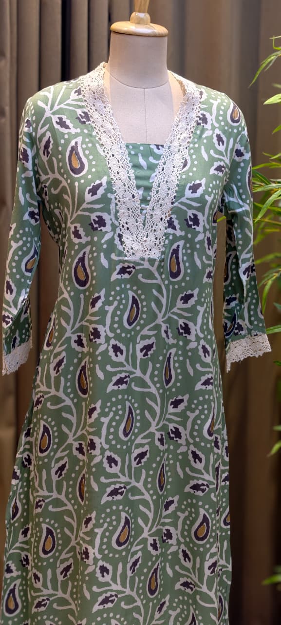 Mango Buti Leaf Printed V-Neck Cotton Laced A-Line Kurti Only-13683 (Dispatching After 1 Week)