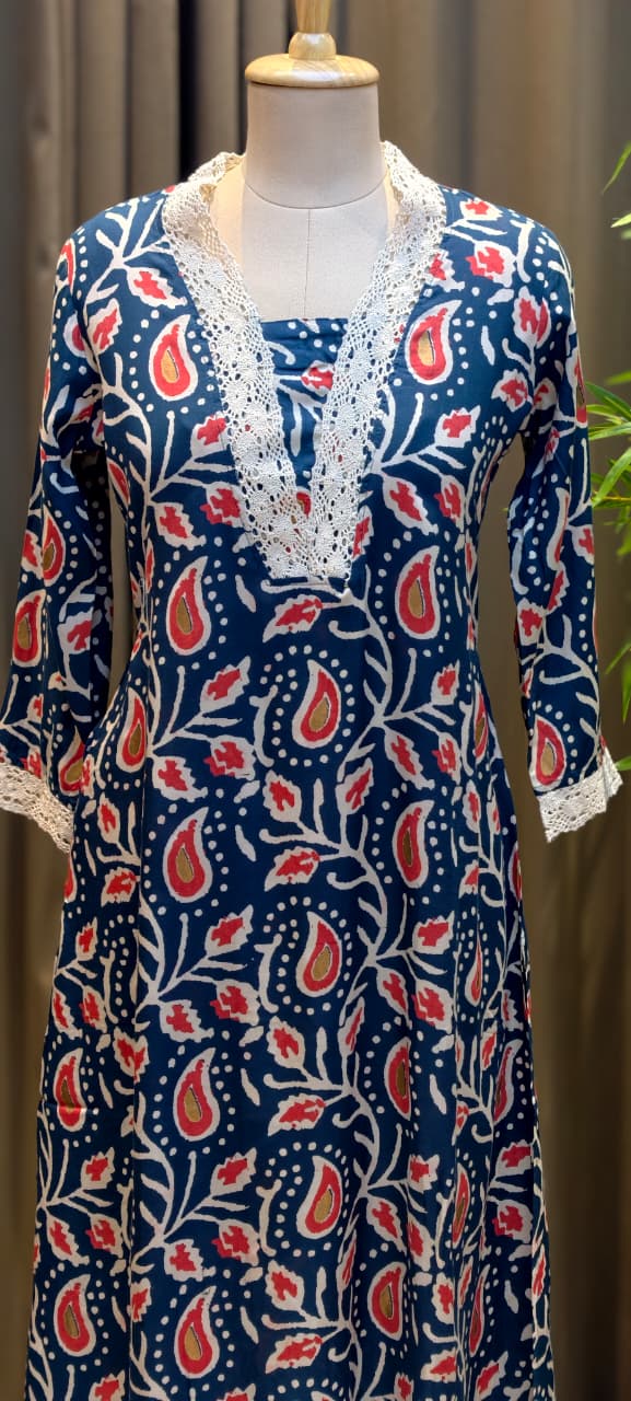 Mango Buti Leaf Printed V-Neck Cotton Laced A-Line Kurti Only-13683 (Dispatching After 1 Week)