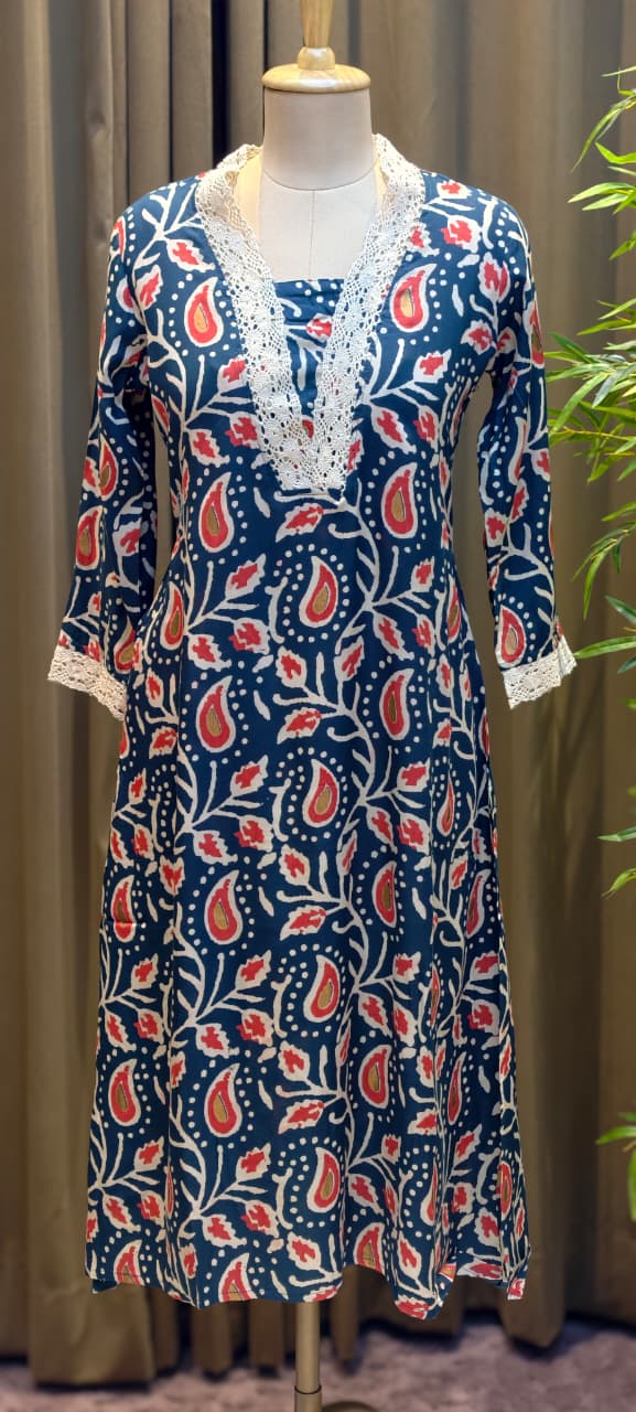 Mango Buti Leaf Printed V-Neck Cotton Laced A-Line Kurti Only-13683 (Dispatching After 1 Week)
