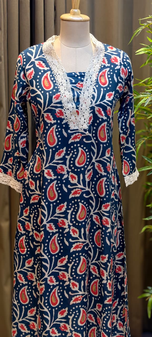 Mango Buti Leaf Printed V-Neck Cotton Laced A-Line Kurti Only-13683 (Dispatching After 1 Week)