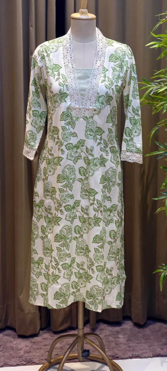 Large Botanical Leaf Prints Laced Work Cotton Kurti Only-13683 (Dispatching After 1 Week)
