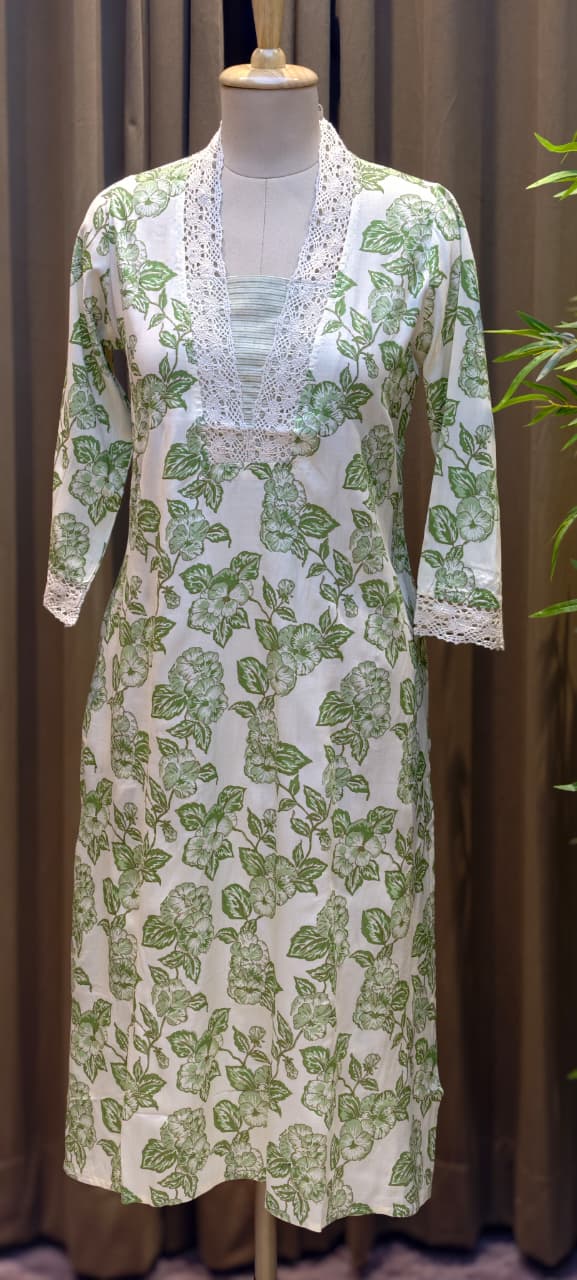 Large Botanical Leaf Prints Laced Work Cotton Kurti Only-13683 (Dispatching After 1 Week)
