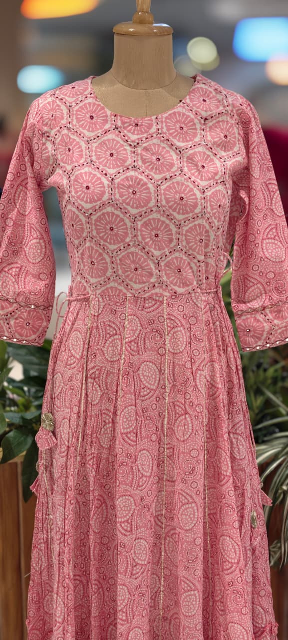 Breathable Cotton Hand-Block Printed Rosy Layered Gown