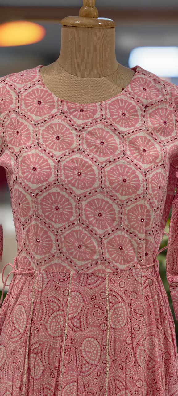 Breathable Cotton Hand-Block Printed Rosy Layered Gown