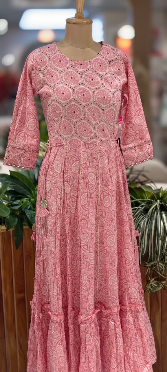 Breathable Cotton Hand-Block Printed Rosy Layered Gown