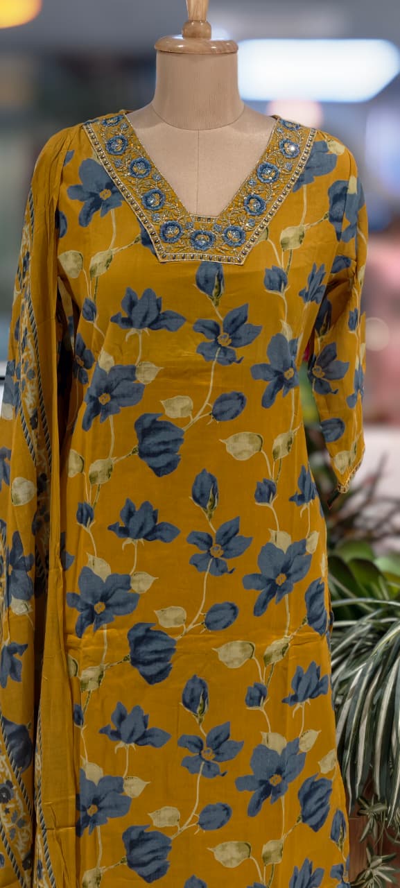 Graceful Mustard Blueish Touch Floral Printed Full Suit Set With Dupatta In Cotton Fabric