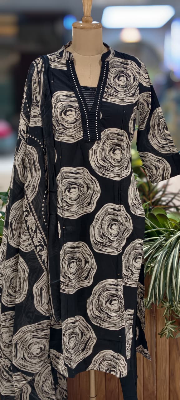 Nightmare Rounded Rose Printed Pleated Neck With Cut-Dana Upwork Cotton Full Suit Set With Dupatta