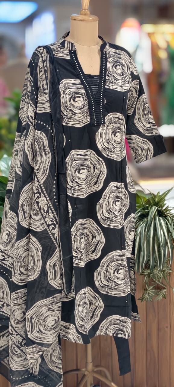 Nightmare Rounded Rose Printed Pleated Neck With Cut-Dana Upwork Cotton Full Suit Set With Dupatta