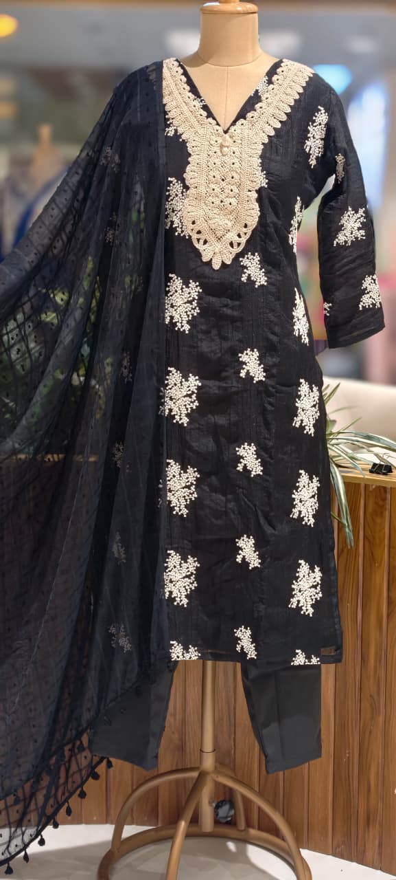 Crochet Lace Detailed Thread-Work Ethnic Ensemble Premium Cotton Full Suit Set With Dupatta-13685 RB131