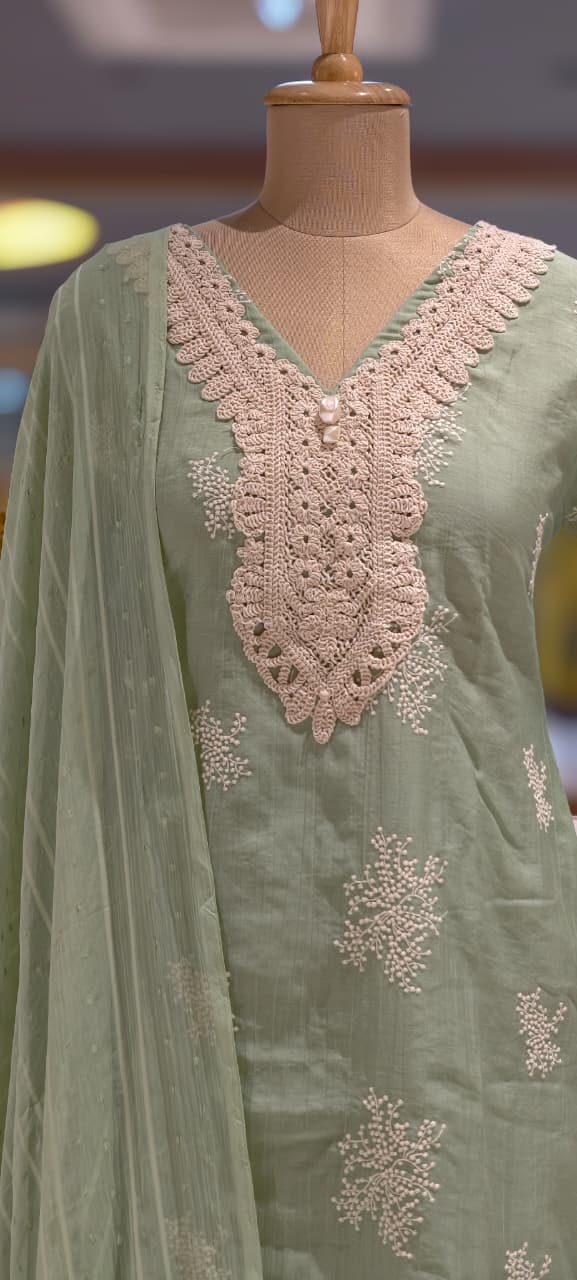 Crochet Lace Detailed Thread-Work Ethnic Ensemble Premium Cotton Full Suit Set With Dupatta-13685 RB131