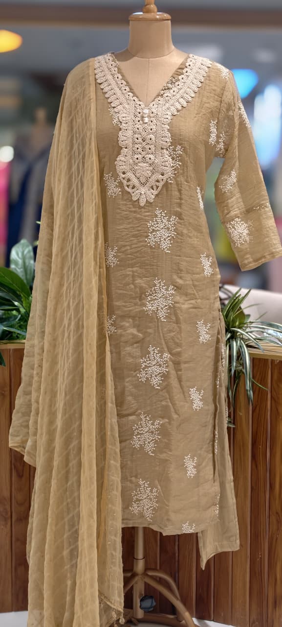 Crochet Lace Detailed Thread-Work Ethnic Ensemble Premium Cotton Full Suit Set With Dupatta-13685 RB131