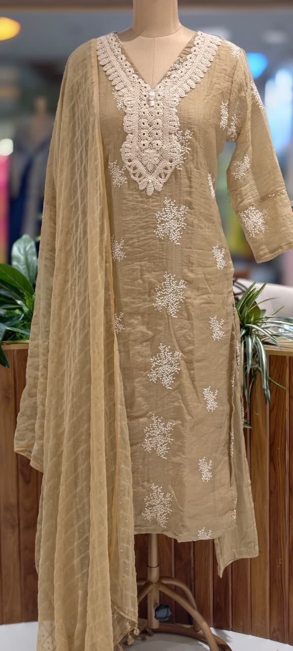 Crochet Lace Detailed Thread-Work Ethnic Ensemble Premium Cotton Full Suit Set With Dupatta-13685 RB131