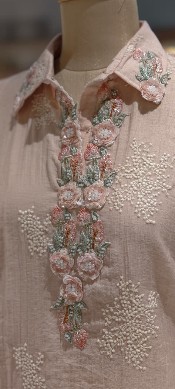 3D Petal Applique With Sequin Detailing Embroidered Blend Co-Ord Set In Premium Cotton Fabric- 13687