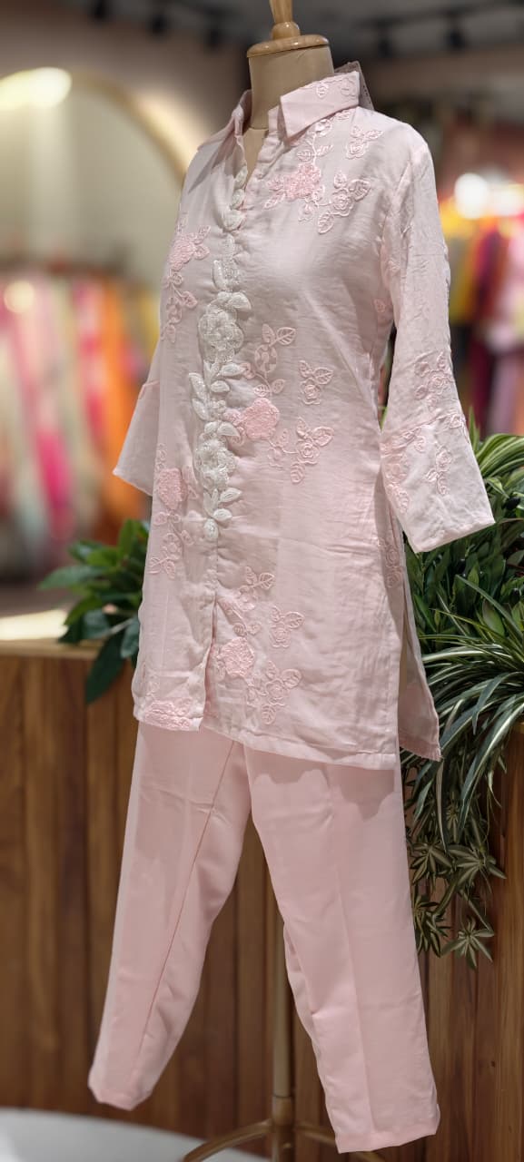 Blush Pink Floral Embroidered Organza Co-Ord Set With Tiny Pearl & Sequin Placket- 13589