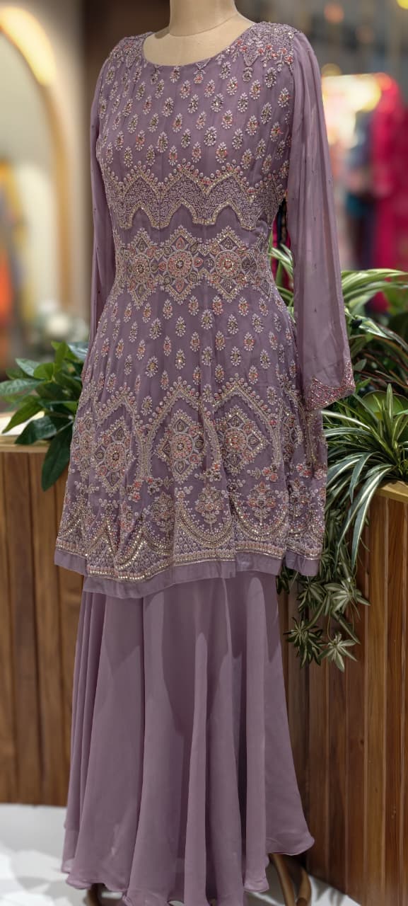 Lavender Hues Hand-Embellished Premium Festive Georgette Full Suit Set With Dupatta- 13678