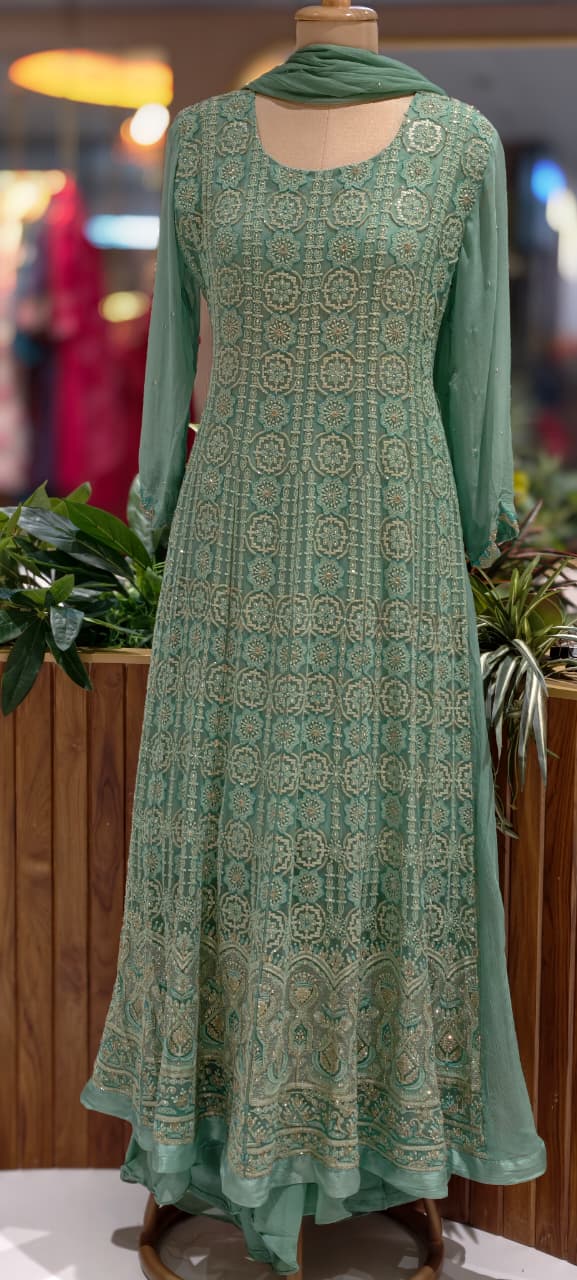 Seafoam Green Hand-Embellished Tiny Stone Work Long Kurta With With Bottom & Dupatta In Premium Georgette Fabric- 13677
