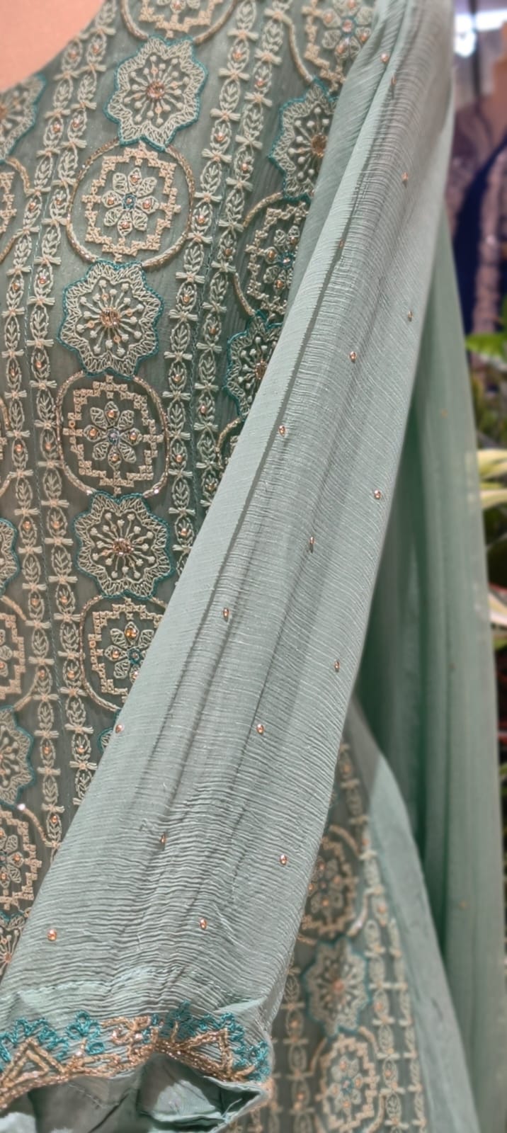 Seafoam Green Hand-Embellished Tiny Stone Work Long Kurta With With Bottom & Dupatta In Premium Georgette Fabric- 13677
