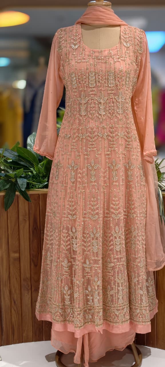 Zardosi Thread Work Sequin Embellishments Floral Motifs Lucknowi Style Premium Georgette Fabric- 13675