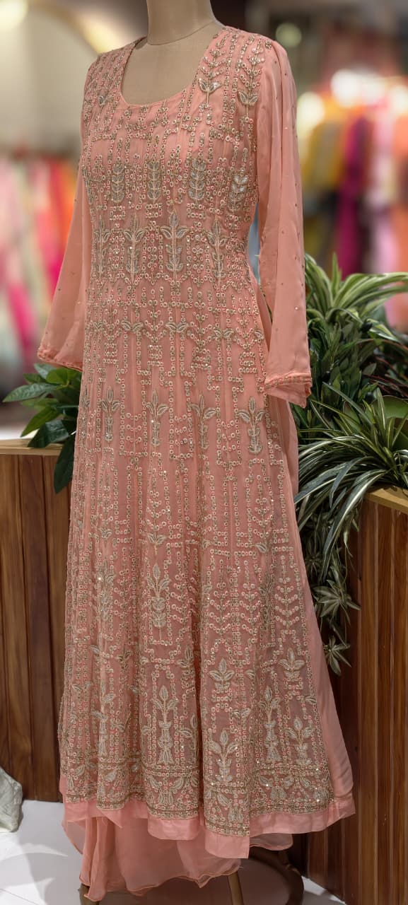 Zardosi Thread Work Sequin Embellishments Floral Motifs Lucknowi Style Premium Georgette Fabric- 13675