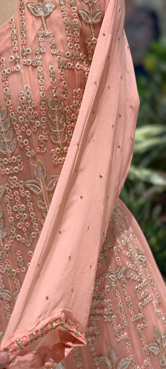 Zardosi Thread Work Sequin Embellishments Floral Motifs Lucknowi Style Premium Georgette Fabric- 13675