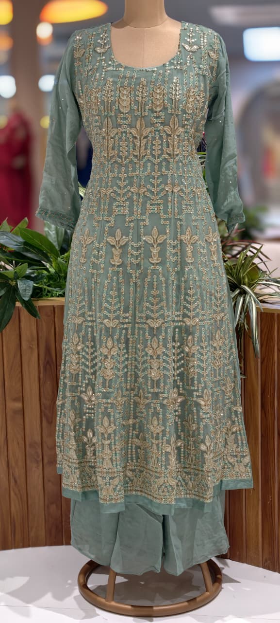 Zardosi Thread Work Sequin Embellishments Floral Motifs Lucknowi Style Premium Georgette Fabric- 13675