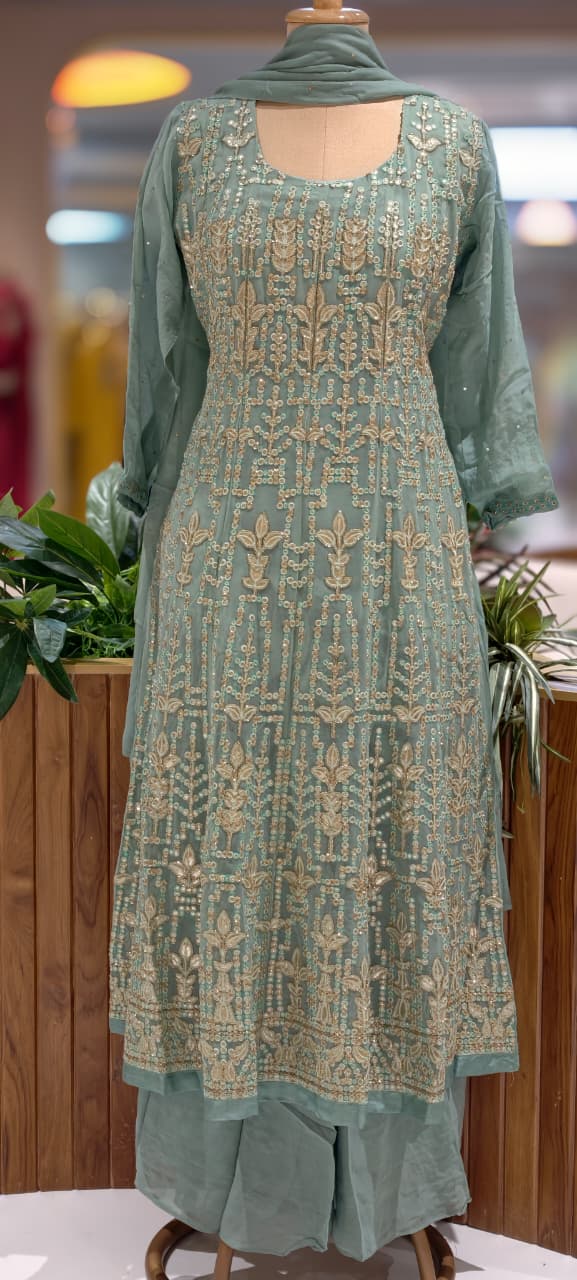 Zardosi Thread Work Sequin Embellishments Floral Motifs Lucknowi Style Premium Georgette Fabric- 13675