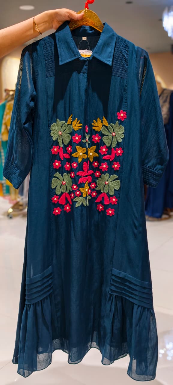 Summer Friendly Intricate Floral Embroidered Trendy Ankle Length Frock In Mul Chanderi Fabric-13747