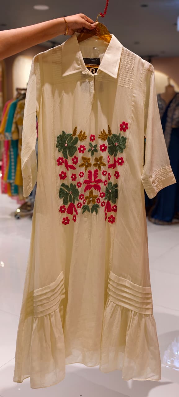 Summer Friendly Intricate Floral Embroidered Trendy Ankle Length Frock In Mul Chanderi Fabric-13747