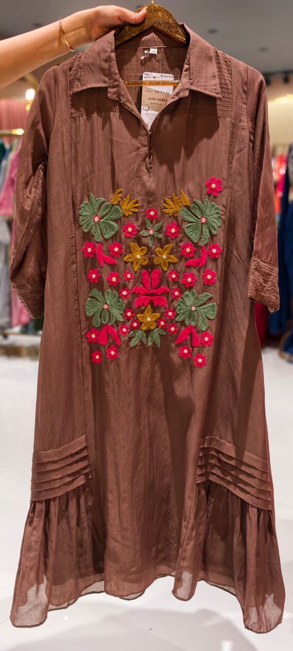 Summer Friendly Intricate Floral Embroidered Trendy Ankle Length Frock In Mul Chanderi Fabric-13747